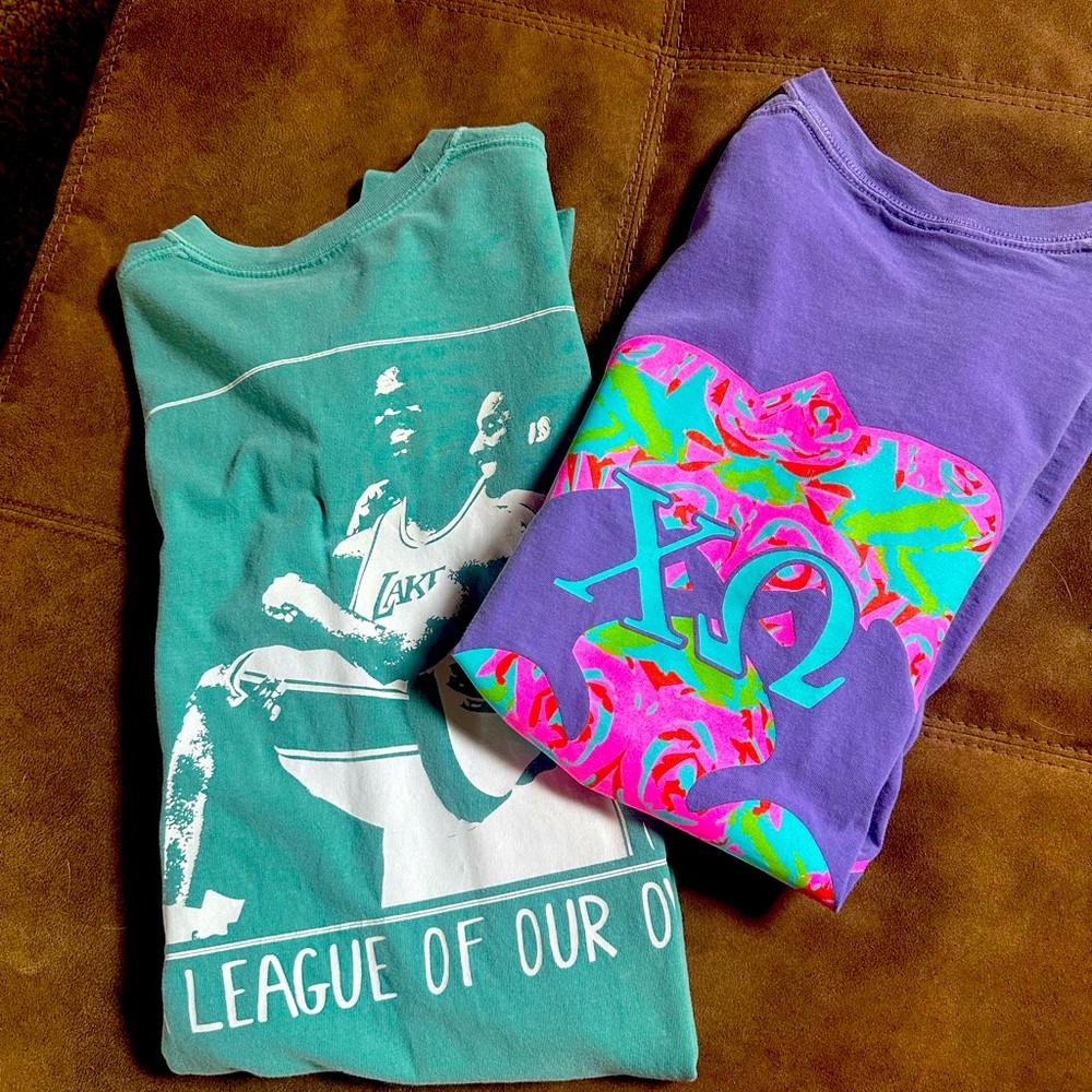 2 ChiOmega comfort color tshirts size Small.  Front pocket back graphic.